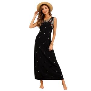 Ultra Dress New York Black Multi Floral Boho Embroidered Maxi Dress Size 14